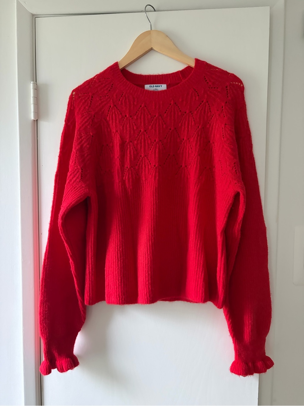 Old Navy Red Knit Crewneck Sweater with Ruffle Sleeve Cuffs
